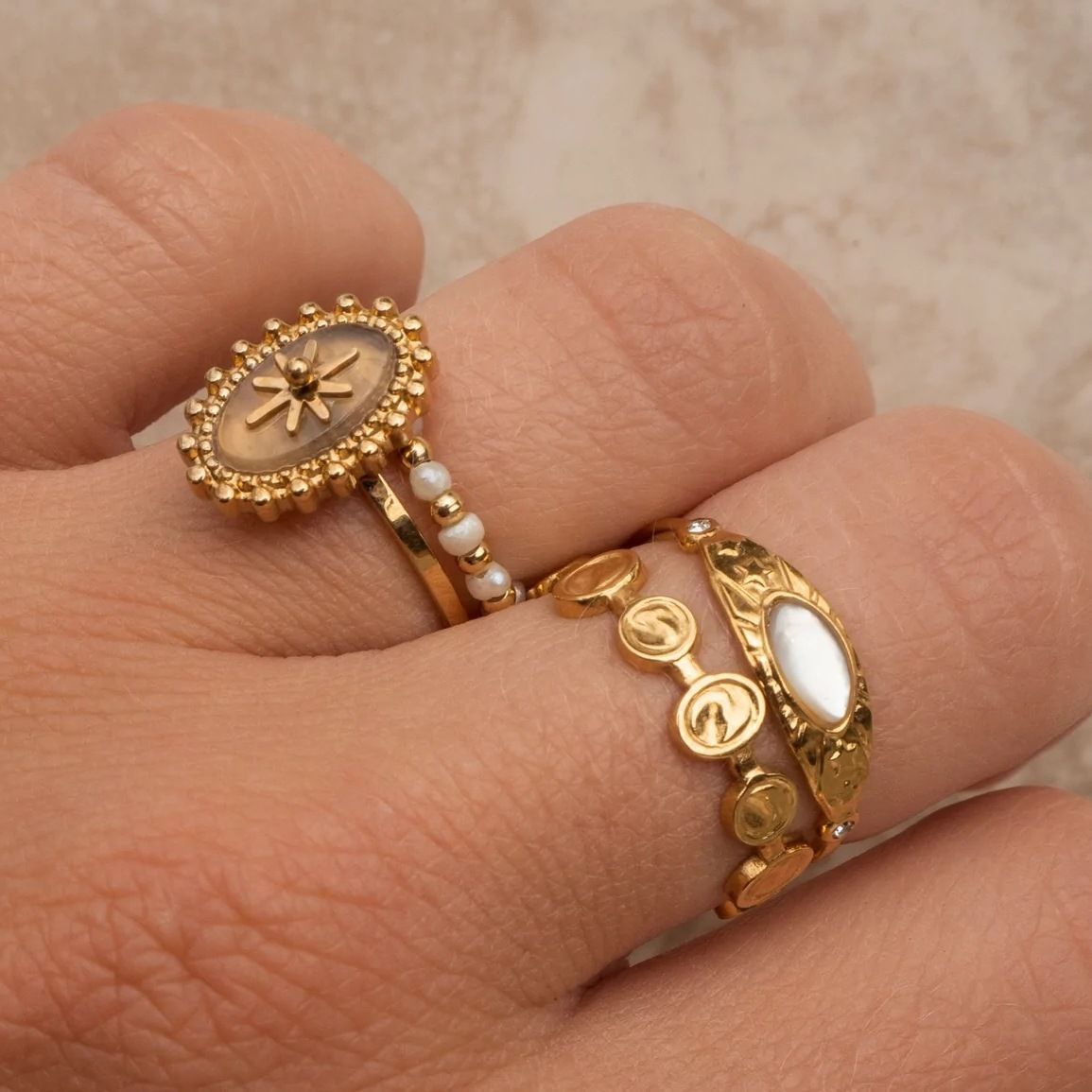 16K Gold Stainless Steel White Natural Stone Titanium Ring